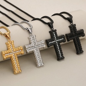 Pendentif Croix Rétro en Acier Inoxydable Sertie de Pierres, Vente en Gros, Collier Hip Hop Chrétien Or Argent Noir, Bijoux Religieux pour Hommes - Product Image 5