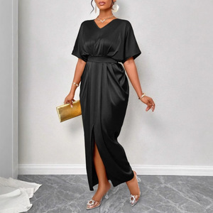 Tinta unita satinato <span class=keywords><strong>con</strong></span> scollo a V a maniche corte e <span class=keywords><strong>spacco</strong></span> elegante gonna lunga per <span class=keywords><strong>abito</strong></span> da donna - Product Image 2