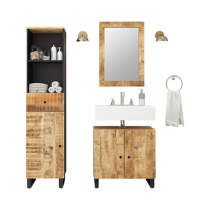 Set di Mobili da Bagno in Legno di Mango Naturale, Dimensioni Medie, Moderno, Resistente, Rettangolare, Marrone - Product Image 1