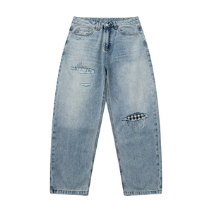 Jeans pour hommes bleu clair délavé à l'acide, déchiré, avec doublure à carreaux et patch, coupe ample et fuselée, style streetwear décontracté pour le quotidien - Product Image 4
