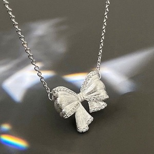 S925 Sterling Silver <b>Bow</b> Necklace 405cm Chain Length Bezel Setting <b>Gift</b> for Women Elegant Collarbone Chain Minimalist Style - Product Image 4