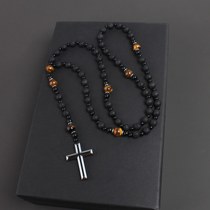 Nuova pietra naturale degli uomini croce collana con occhio di tigre perline a forma di <span class=keywords><strong>rosario</strong></span> religioso collane gioielli - Product Image 4