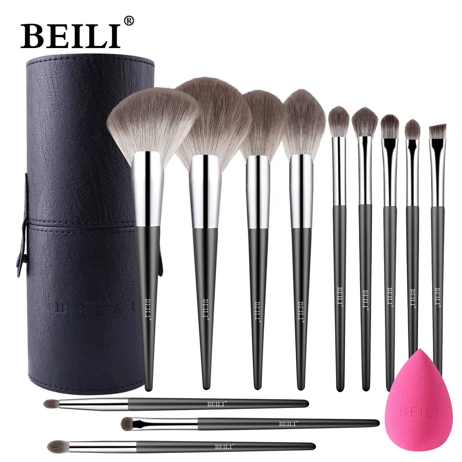 BEILI Neues Design schwarz 12 Stück Premium-Makeup-Pinsel Synthetisches Haar schlank heller Holzgriff Pulver-Blending-Pinsel-Set mit Tasche