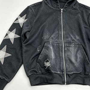 Sweat-shirt à capuche pour homme 100% coton, coupe oversize, effet délavé personnalisé, fermeture éclair, style vintage et déchiré - Product Image 6