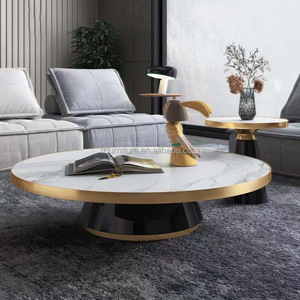 Modern Nested Round Coffee Table Set of 2 Marble Rock Slab Top Gold Metal <b>Frame</b> <b>Black</b> Pedestal Base Hotel Villa Lounge Furniture - Product Image 3