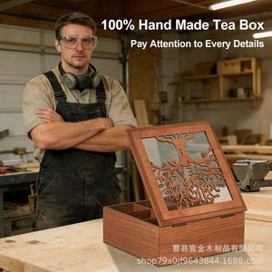 Caja de almacenamiento de té de madera, organizador de escritorio compartimentado rectangular con tapa abatible para bolsas de té y café - Product Image 2