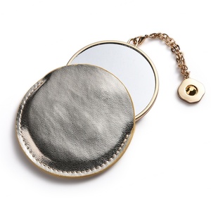 Small Round Metal Custom Cosmetic Pocket Make up Antique Gold Mirrors With Leather Cases and Tassels - Product Image 4