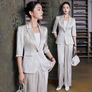 Women's 3/4 Sleeve Striped Blazer Suit Set Acetate Satin Anti-Wrinkle Professional Casual Spring Summer 2025 - Product Image 1
