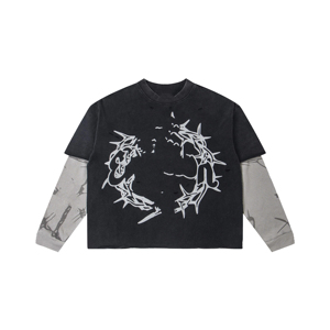 Cross-Border American Street Hip-Hop Cotton 280g Solid Long Sleeve Stitching <strong>T</strong>-<strong>shirt</strong> Men's Women's Loose Comfort Fashion <strong>Joker</strong> - Product Image 1