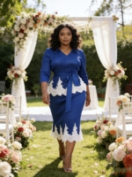 Ensemble robe plissée élégante Miyaki Midi à manches trois quarts avec bordure en dentelle blanche pour invitée de mariage, taille plus, ensemble jupe 2 pièces