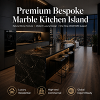 Ensemble d'armoires de cuisine modulaires modernes KEJIA en noir mat avec texture de grain de bois foncé et îlot cascade en marbre noir de luxe OEM