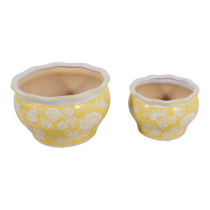 Vasi Rotondi in Ceramica con Design Floreale per Piante da Interno ed Esterno, Set di Due Vasi Decorativi Gialli e Bianchi - Product Image 5