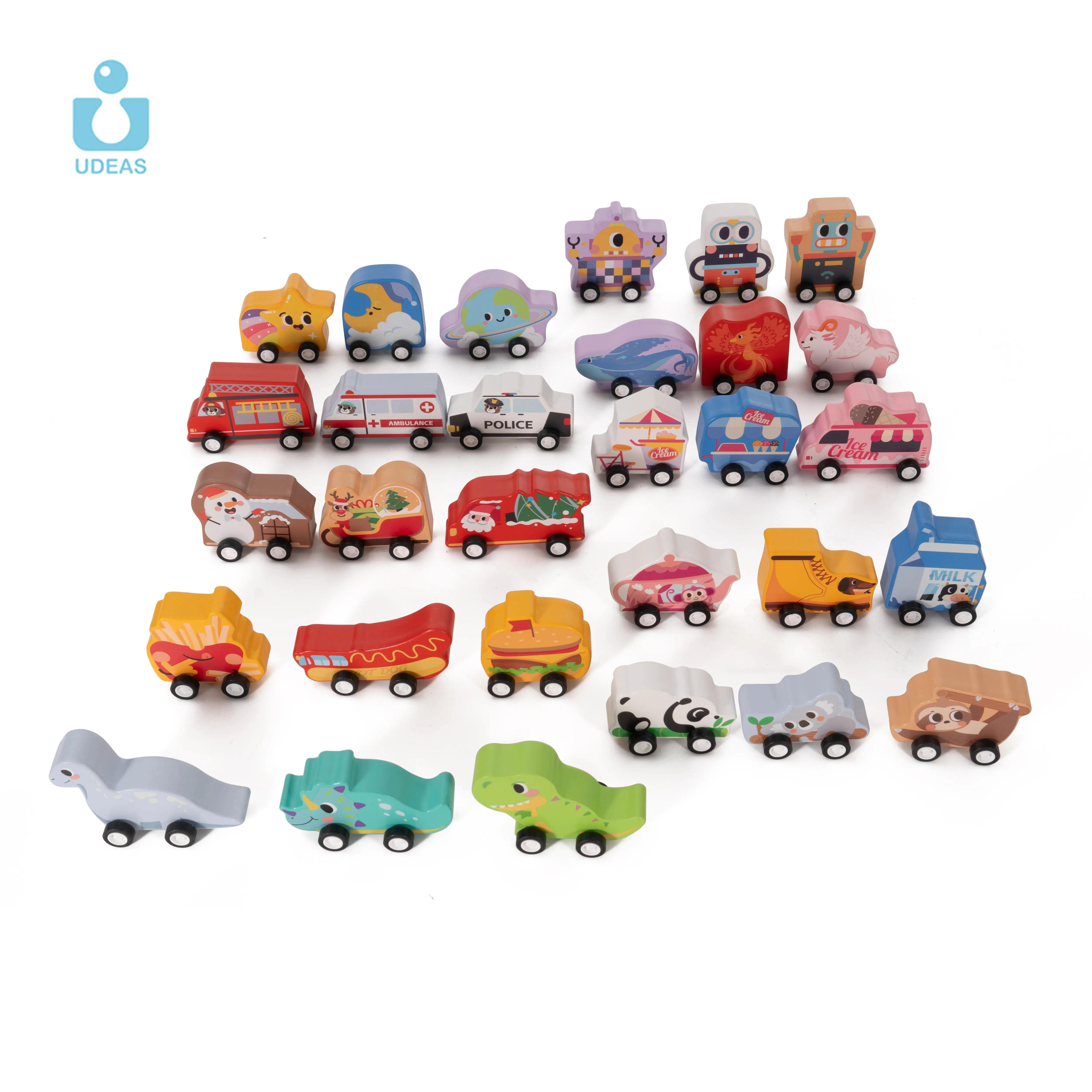 UDEAS Montessori Jouet éducatif précoce en bois Cartoon Traffic Car Model Sliding Wooden Car Toy
