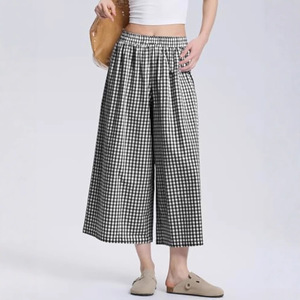 Pantalon décontracté pour <span class=keywords><strong>femme</strong></span> à carreaux, coupe large, taille haute, jambe droite, style Sehe Fashion - Product Image 4
