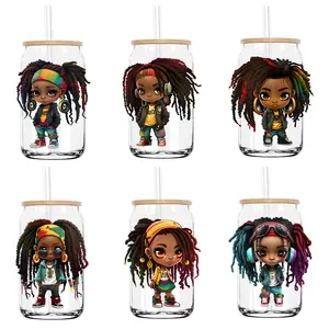 Custom Afro Girl UV DTF Cup Wraps Transfers Hip Hop Black Girl pronto per il trasferimento Cup Wrap Printing Sticker UV DTF per Glass Cup