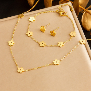 Flower Jewelry <b>Set</b> Stainless Steel Gold Plated Necklace Earrings <b>Bracelet</b> Women's Fashion Accessory - Product Image 1