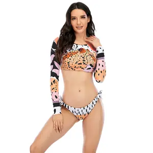 2021 biquíni feminino de manga comprida, roupa de banho, moda praia, verão, estampa de leopardo