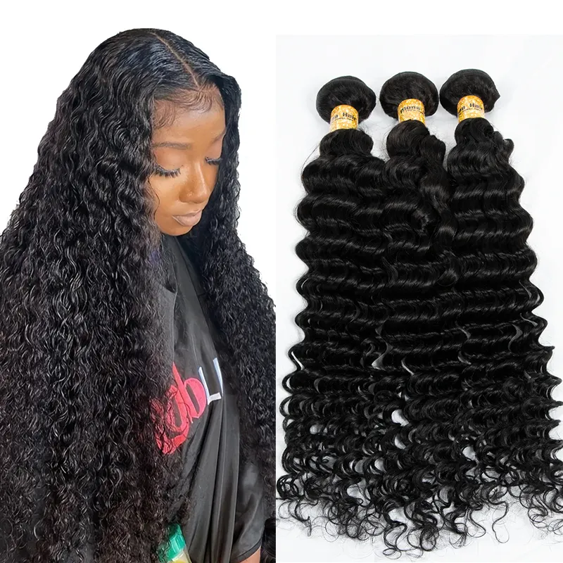 Vente en gros de paquets de cheveux humains brésiliens non traités, extensions de cheveux vierges à cuticule alignée, extensions de cheveux bouclés profonds