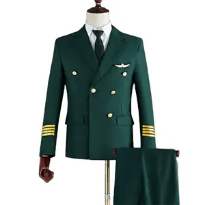 Custom 100% Katoen Groene Piloot Uniform Sets Blazer Shirts Broek Luchtvaartmaatschappij Personeel Werkkleding Captain Uniformen