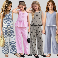 Ensemble deux pièces d'été pour filles, haut style licou à bordure feuillagée et pantalon large, tenue décontractée pour grandes filles, style floral et uni