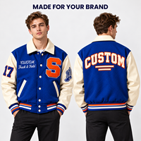 Veste de baseball bleue OEM pour homme avec patchs lettres et numéros en chenille sur le devant, manches en laine et cuir, étiquette personnalisée d'usine OEM