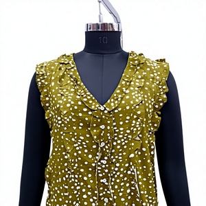 Blusa sin mangas con volantes y lunares para mujer, cuello en V, botones al frente, ropa informal de verano - Product Image 1