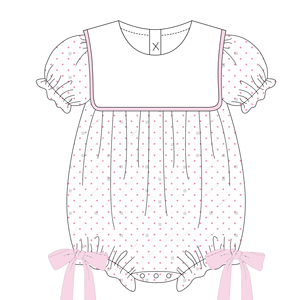 Monogramma vendita calda abbigliamento personalizzato per bambini estate cotone rosa stampe a punti con fiocco decorazione Baby Bubble pagliaccetto - Product Image 5
