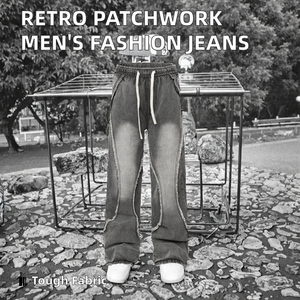 Pantalones de Hombre Estilo Retro Americano Vintage, Diseño Recto, Lavado, Desgastado, con Parches y Cordón Ajustable, del Mismo Género - Product Image 2