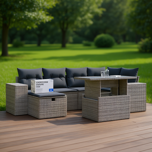 ชุดโซฟาหวายสีเทาสำหรับสวน เฟอร์นิเจอร์กลางแจ้งพร้อมเบาะโฟมความหนาแน่นสูง กันน้ำ ดีไซน์ร่วมสมัย - Product Image 2