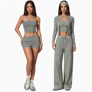 4 Piece Ribbed Yoga Set <b>Women</b> Tube Crop Top Cardigan Wide Leg <b>Pants</b> <b>Lounge</b> Outfit - Product Image 1