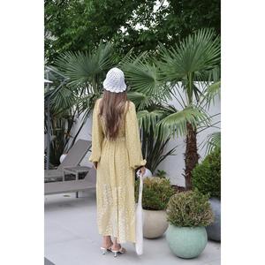 Vestido Casual de Ocio con Cuello Mandarín y Estampado Floral Amarillo, Cintura Elástica, Tejido Holgado y Transpirable, Venta al por Mayor - Product Image 1