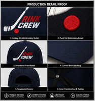 Casquette Snapback en gros avec broderie de bâton de hockey, emballage de détail pour les acheteurs de sports d'hiver avec logo personnalisé