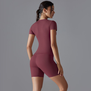 Ensemble de survêtement une pièce pour femme, taille haute, style crop top de yoga, manches courtes, écologique, respirant, en polyester/nylon, color block - Product Image 3