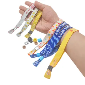 Promotional Eco Friendly Adjustable Plastic Clip Event Party Bracelet Custom Festival Fabric Woven Wristbands