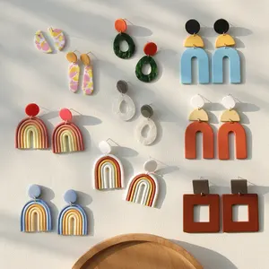 JUHU长手工制作多色丙烯酸女式耳环彩虹聚合物粘土彩色水珠耳环派对儿童首饰