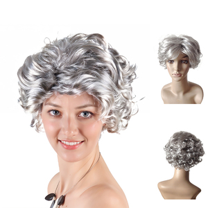 Perruque de femme âgée pour femme, perruque courte bouclée de grand-mère et lunettes, perruques de grand-mère blanc argenté pour femme âgée, cosplay, fête d'Halloween - Product Image 1