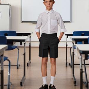 Shorts d'uniforme scolaire gris mi-longs pour garçons du collège, personnalisés en usine, en tissu durable et infroissable - Product Image 4