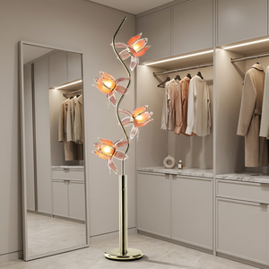 Lampadaire en verre rose de style Mid-Century Modern, hauteur réglable, lumière LED haute luminosité blanc chaud avec abat-jour en forme de fleur pour - Product Image 5