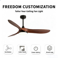 Ventilateur de plafond moderne 52 pouces avec moteur DC sans balais, 3 pales, finition en fer et noyer noir, 6 vitesses, lumière LED, télécommande 2.4G, pour chambre et hôtel