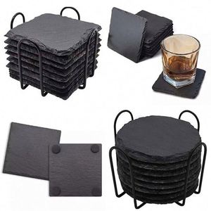 Round Natural Rock Cup <b>Coaster</b> Black Non-slip Engraving <b>Drink</b> Slate Stone Bulk <b>Coasters</b> Set - Product Image 2