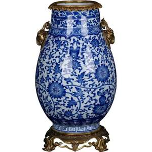 Vaso antico in porcellana blu e bianca di alto valore, di forma ovale, <span class=keywords><strong>con</strong></span> manico e base a testa di capra in ottone. - Product Image 5
