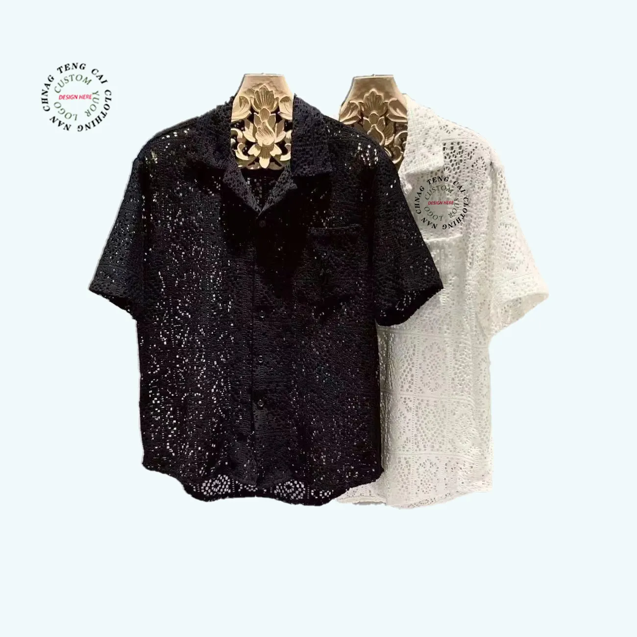 Men's Wholesale OEM Summer Textured button up bleached Shirt Custom Short sleeve crochet white 100% cotton shirt for men