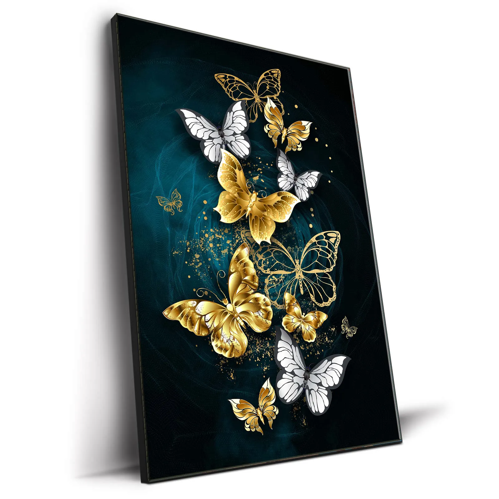 Pintura de porcelana de cristal para decoración moderna del hogar, arte de pared, mariposa, oro azul