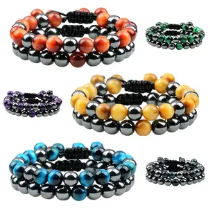 Nieuwe 2 Stks/set 8Mm Multi-Color Tijgeroog En Hematiet Paar Armbanden Voor Dames Heren Verstelbare Handgemaakte Geweven Armbanden