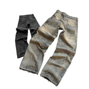 Maßgeschneiderte Herren Y2K Straight Baggy Schwarze Selvedge <span class=keywords><strong>Denim</strong></span> Jeans Gewaschen Bestickt <span class=keywords><strong>Patchwork</strong></span> Rohe Kanten Lässig Herbst Umweltfreundlich - Product Image 1