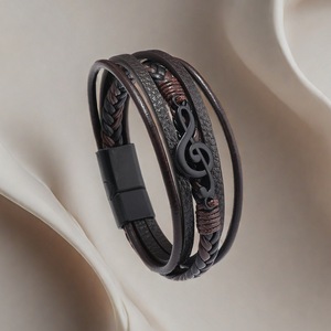 Men's Multi Layer Leather Braided <b>Magnetic</b> <b>Clasp</b> Bracelet With Musical Note Design Black Color Gift Jewelry - Product Image 2