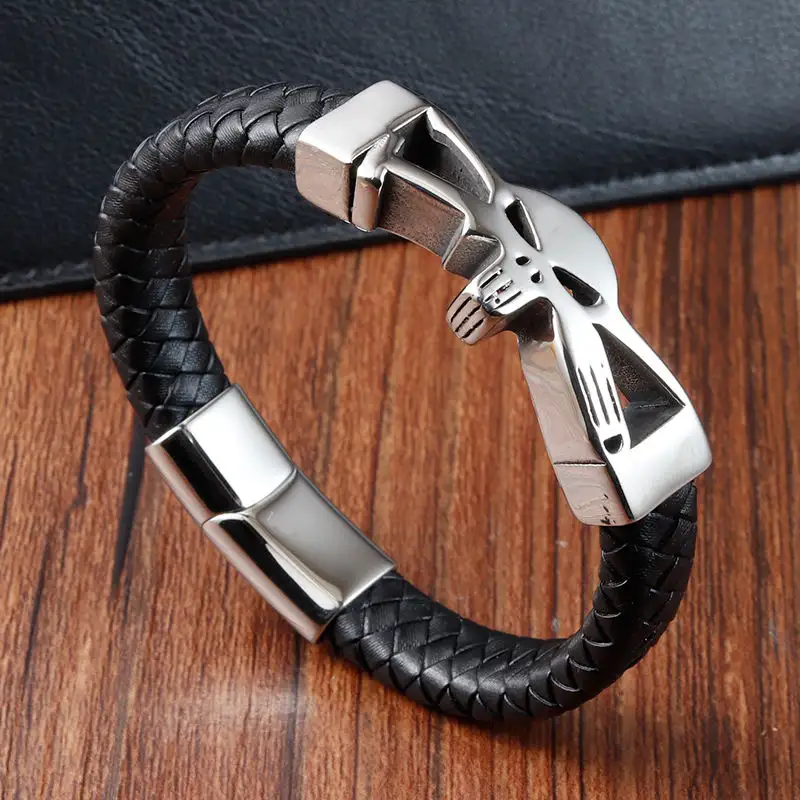 Wholesale Bulk Vintage Jewelry Woven Stainless Steel Bangle mens skull leather braided bracelet with magnetic clasp