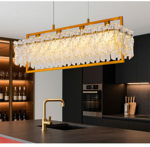 Adjustable Height Gold LED Glass Pendant <b>Light</b> Modern Long <b>Rectangle</b> <b>Ceiling</b> Chandelier For Home Hotel Bar - Product Image 4