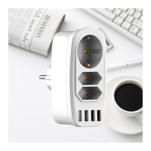 ปลั๊กพ่วงอเนกประสงค์แบบ EU 3 ช่องเสียบ EU พร้อมช่องเสียบ USB 4 ช่อง  รูปทรงลูกบาศก์ พร้อมอะแดปเตอร์ติดผนังและเต้ารับ - Product Image 4