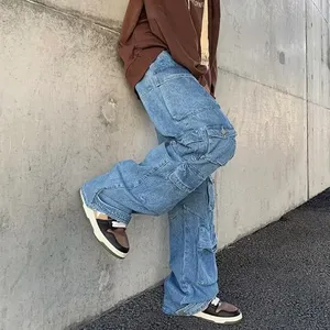 Tùy Chỉnh Người Đàn Ông Thời Trang Phố Đa-Túi Lỏng Màu Xanh Denim Quần Y2K Hàng Hóa Baggy Jeans